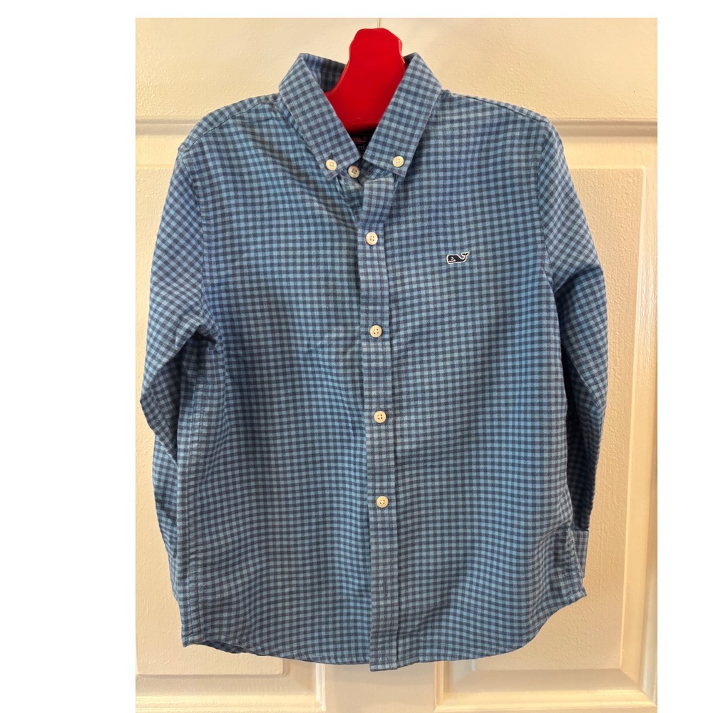 Vineyard Vines Boys Blue Gingham Whale Shirt Cotton Button Down Size 6